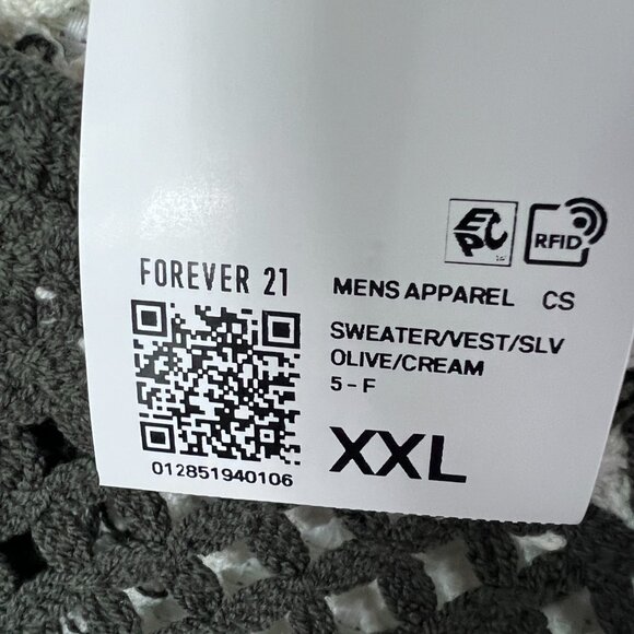 Forever 21 Men’s XXL Sweater Vest Olive Cream‎ Patchwork Crochet Knit Sleeveless - Picture 5 of 11